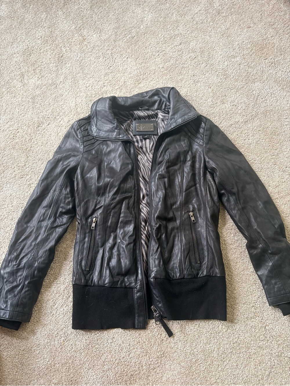 Mackage Black Women's Leather Zip Jacket with Ribbed Hem